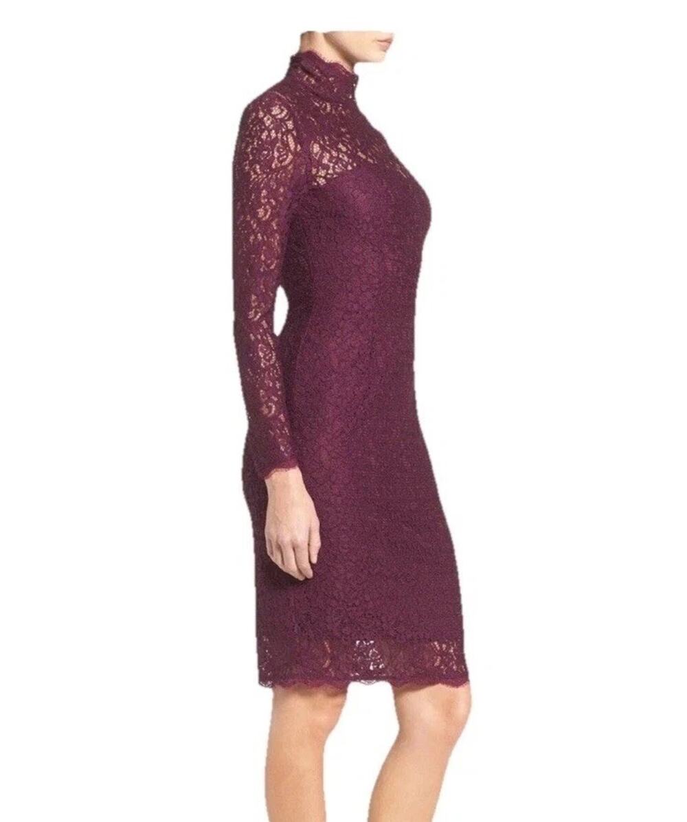 Adrianna Papell Plum Lace Sheath Dress Petite 2P Long Sleeve Mock Neck Cocktail